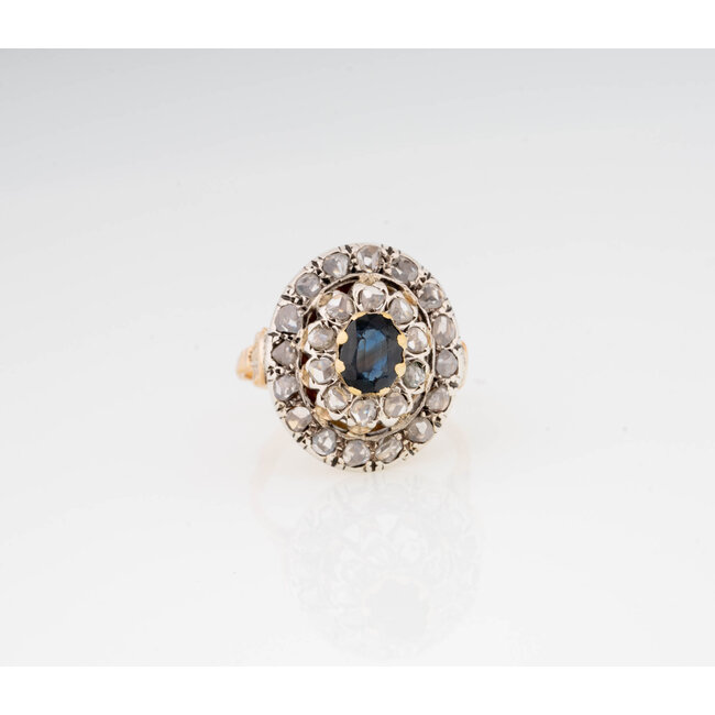 ring van Goud en Zilver met Saffier en Roosdiamant