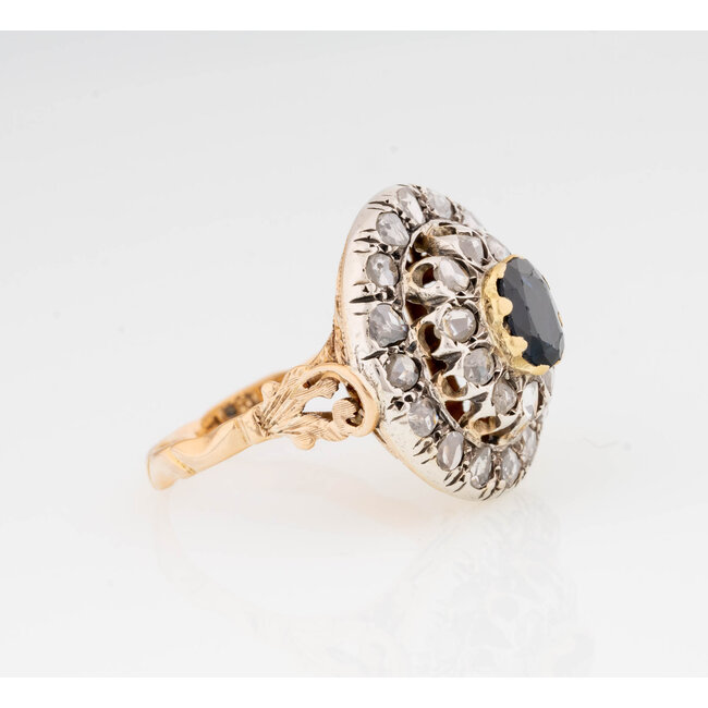 ring van Goud en Zilver met Saffier en Roosdiamant
