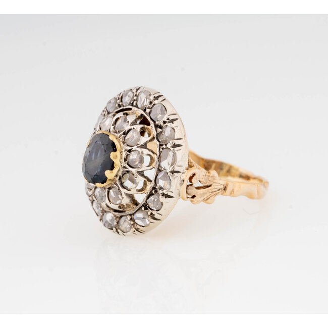 ring van Goud en Zilver met Saffier en Roosdiamant