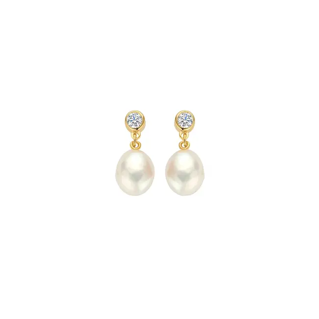 FJF Zilver vergulde oorstekers Icon pearl II  met zirkonia en zoetwater parel