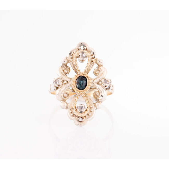 Occ 14k /zilver ring met groene Saffier/roosdiam. 4.5gr