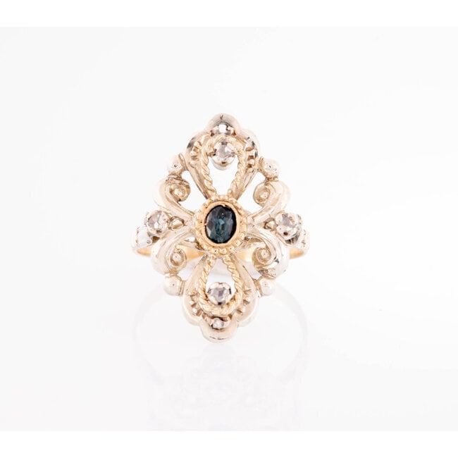 vintage ring met groene saffier en roosdiamant