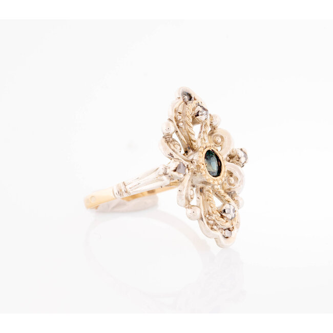 vintage ring met groene saffier en roosdiamant