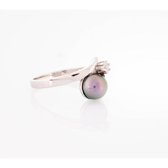 vintage  witgouden ring met cultivé Parel en briljant