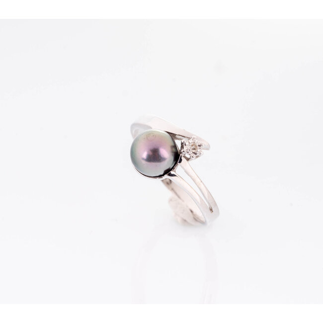 vintage  witgouden ring met cultivé Parel en briljant