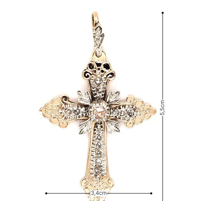 14k rosé en zilveren hanger kruis gezet met Roosdiamant