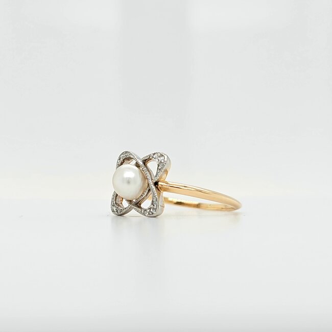18k bicolor ring met parel en roosdiamant