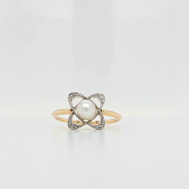 18k bicolor ring met parel en roosdiamant