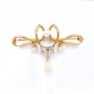 18k gouden broche met parels en roosdiamant