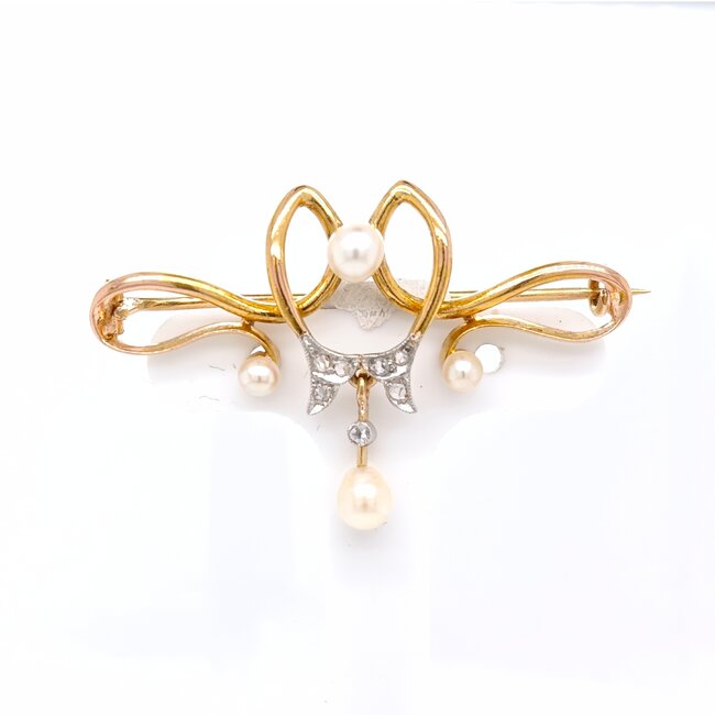 18k gouden broche met parels en roosdiamant