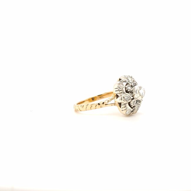 14k gouden met zilveren ring en Old cut diamanten