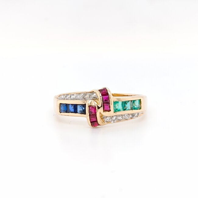 14k gouden ring met Robijn saffier smaragd en briljant