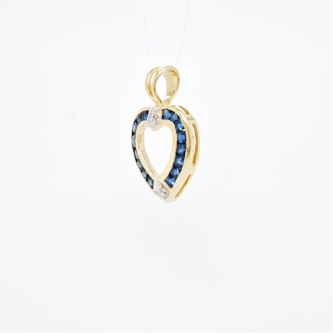 14k gouden hart hanger met Saffier en briljant