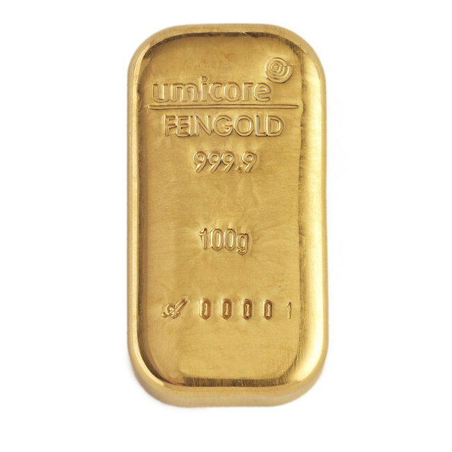 umicore Goudbaar Umicore 100 gram gegoten met certificaat