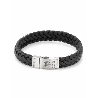Rebel&Rose Zilver/Leder Zwarte Armband. RR-L0076-S-M