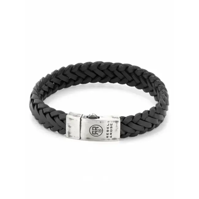 Rebel&Rose  Zilver/Leder Zwarte Armband. RR-L0076-S-M