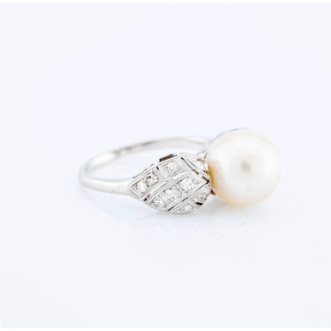 18k witgouden ring met echte Parel  en Diamant