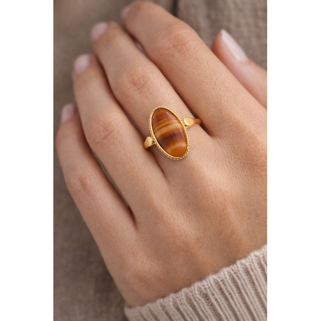 Occ. 14K Streep Agaat ring. 2,7Gr. Mt 18