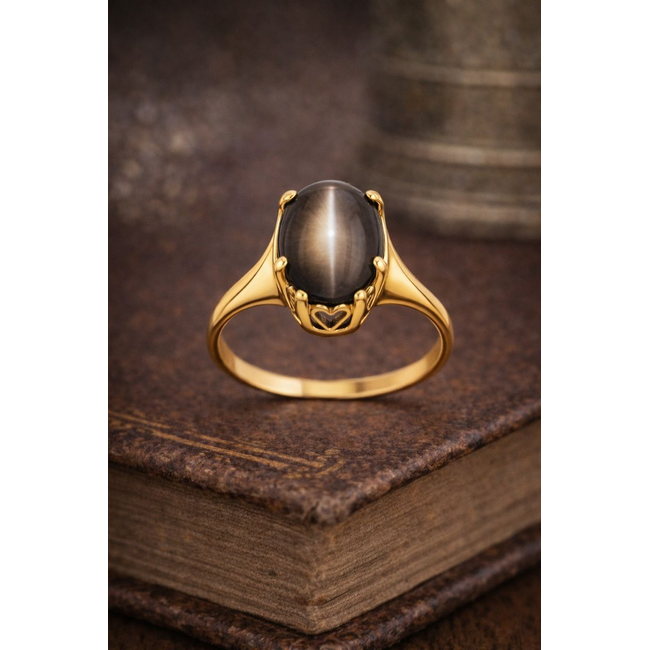 Occ. 14K. Kattenoog. RookQuartz Ring.  Mt17,5. 2,6Gr