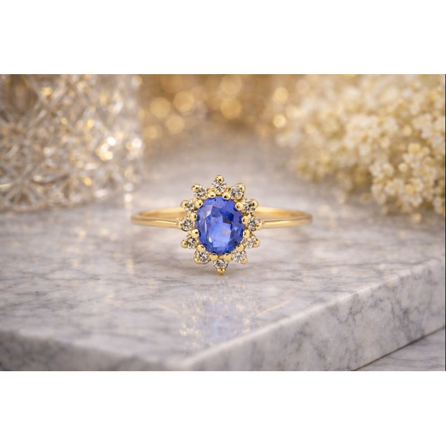 Occ.14K Ring met Brillj.o,02ct Saffier. 1,9Gr. Mt17