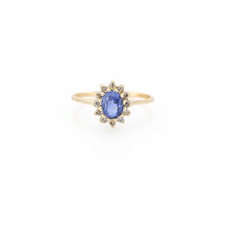 Occ.14K Ring met Brillj.o,02ct Saffier. 1,9Gr. Mt17