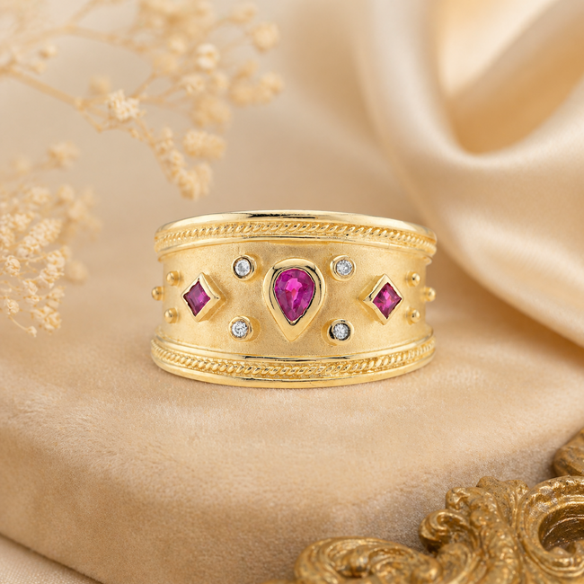 Vintage 14K. Ring Robijn/Dia. 6,9Gr. Mt19