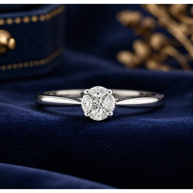 Vintage 14K. Wg Ring met 4x Marquise/Prinses. 1,7Gr. Mt17