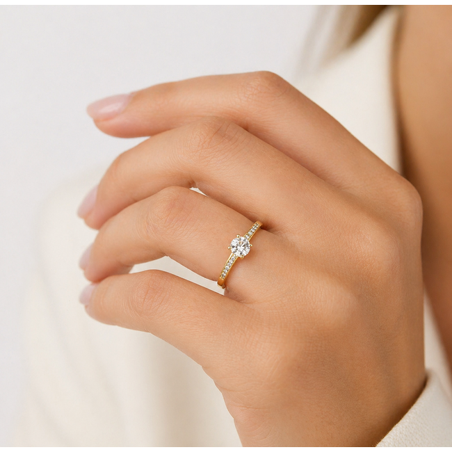 Vintage 14K. Solitair Ring. Old Round Cut Dia. 0,80+10 Brillj. 3,6Gr. Mt16,5