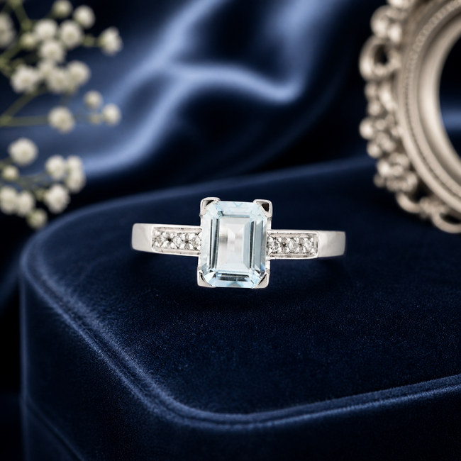 Vintage 18K. WG Ring met Aquamarijn/Brilljant. 5,1 Gram. Maat 18
