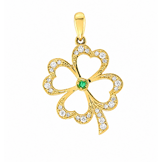14K Goud. Klaver Hanger met Brillj. Smaragd. 2,5Gr.