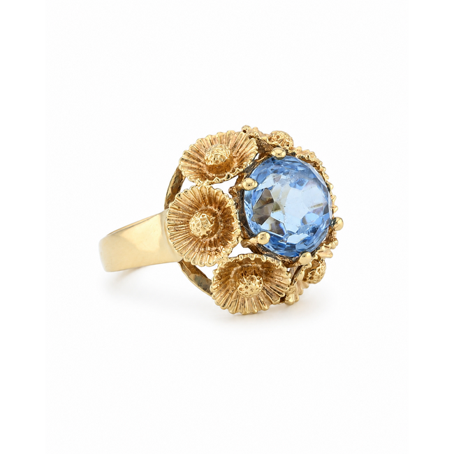 Vintage 14Krt. Geelgouden/ Aquamarijn Ring 7.5 Gram Maat 18.5