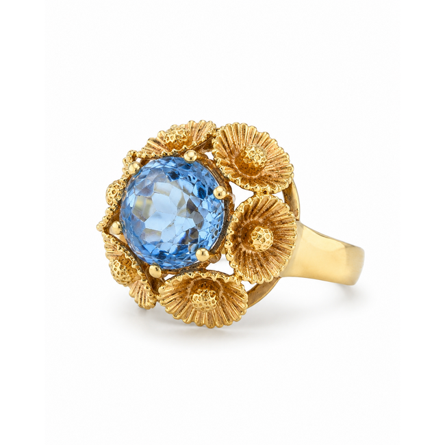 Vintage 14Krt. Geelgouden/ Aquamarijn Ring 7.5 Gram Maat 18.5