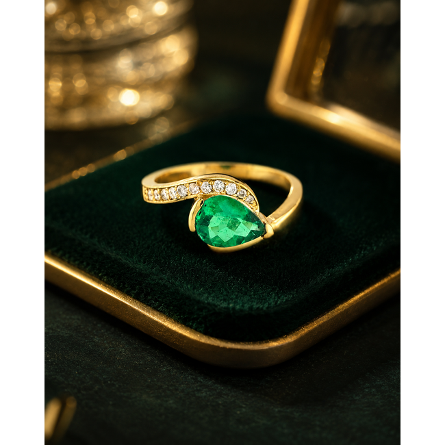 Ros Design 14K GG Ring met Zambiaanse Smaragd/Dia. 3,1GR.Mt16