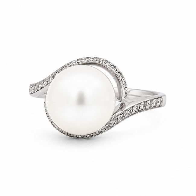 ROS  Jewel Design 14k witgouden ring met natuurlijke parel en briljant