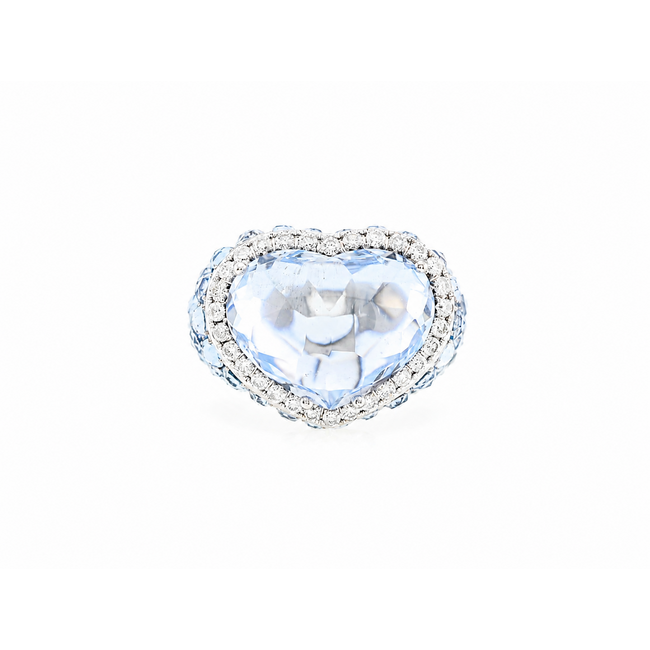 Vintage 18 kt WG ring met hartvormige aqua/Brilj, 11,1 g