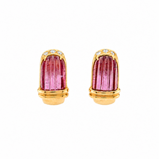 Vintage 18Krt GG Roze Toermalijn Oorbellen met 3  Geslepen Briljanten per oorbel 0.30 CT 9.5Gram