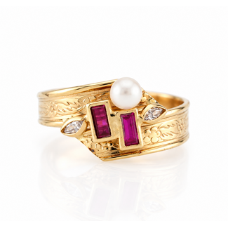 Vintage 14Karaat Ring Robijn/Parel Marquise Gesl. Dia,m17