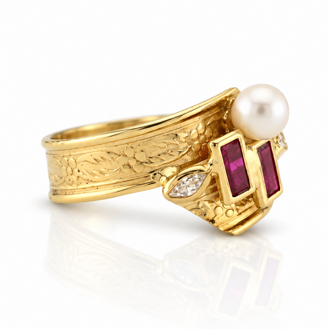 Vintage 14Karaat Ring Robijn/Parel Marquise Gesl. Dia,m17