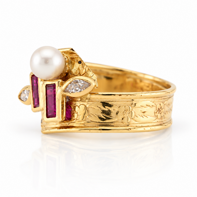 Vintage 14Karaat Ring Robijn/Parel Marquise Gesl. Dia,m17