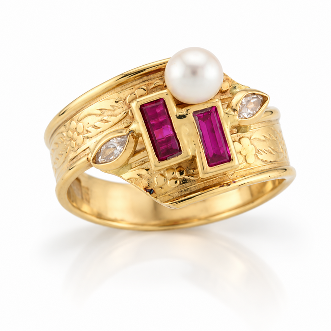 Vintage 14Karaat Ring Robijn/Parel Marquise Gesl. Dia,m17