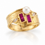 Vintage 14Karaat Ring Robijn/Parel Marquise Gesl. Dia,m17