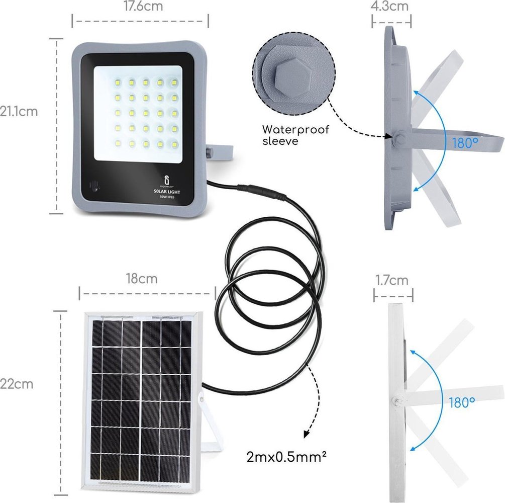 Aigostar UA Solar Schijnwerper10XHS IP65 - 50W - 6500K - met afstandsbediening