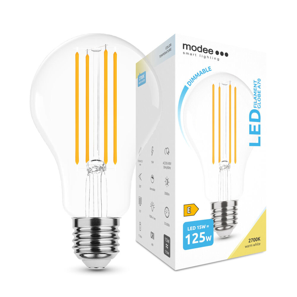 Modee LED Filament Lamp dimbaar - E27 A70 15W - vervangt 125W - 2700K warm wit licht Modee LED Filament Lamp dimbaar - E27 A70 15W - vervangt 125W - 2700K warm wit licht