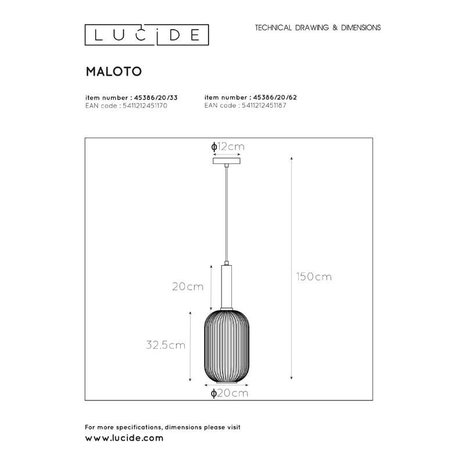 Lucide MALOTO - Hanglamp - Ø 20 cm - 1xE27 - Amber Lucide MALOTO - Hanglamp - Ø 20 cm - 1xE27 - Amber