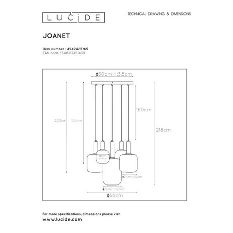 Lucide Lucide JOANET - Hanglamp - Ø 66 cm - 5xE27 - Fumé Lucide Lucide JOANET - Hanglamp - Ø 66 cm - 5xE27 - Fumé