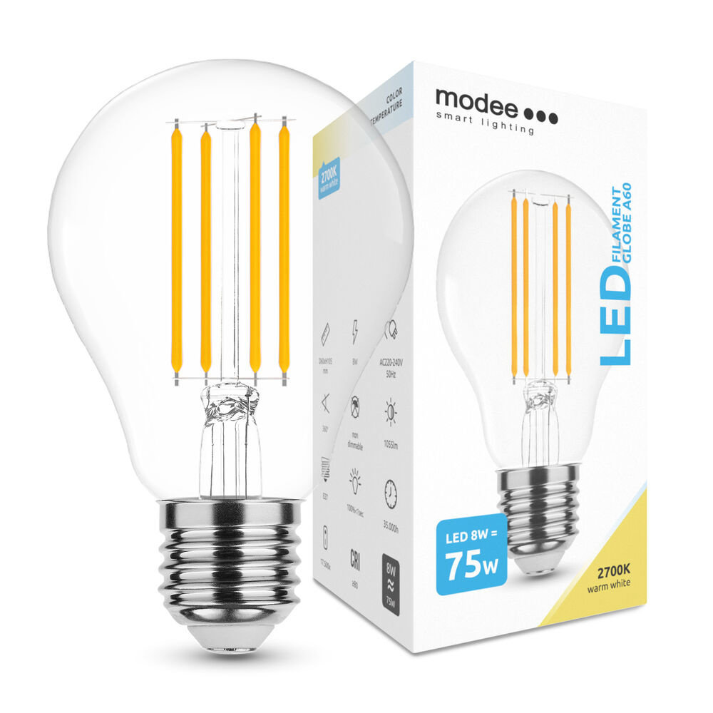 Modee LED Filament Lamp - E27 A60 - 8W vervangt 80W - 2700K warm wit licht Modee LED Filament Lamp - E27 A60 - 8W vervangt 80W - 2700K warm wit licht