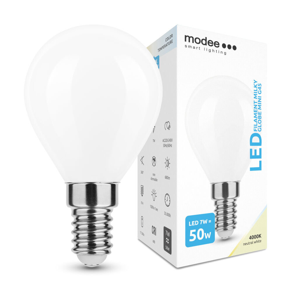 Modee LED Filament lamp - E14 G45 7W - 4000K helder wit licht - Melkglas Modee LED Filament lamp - E14 G45 7W - 4000K helder wit licht - Melkglas