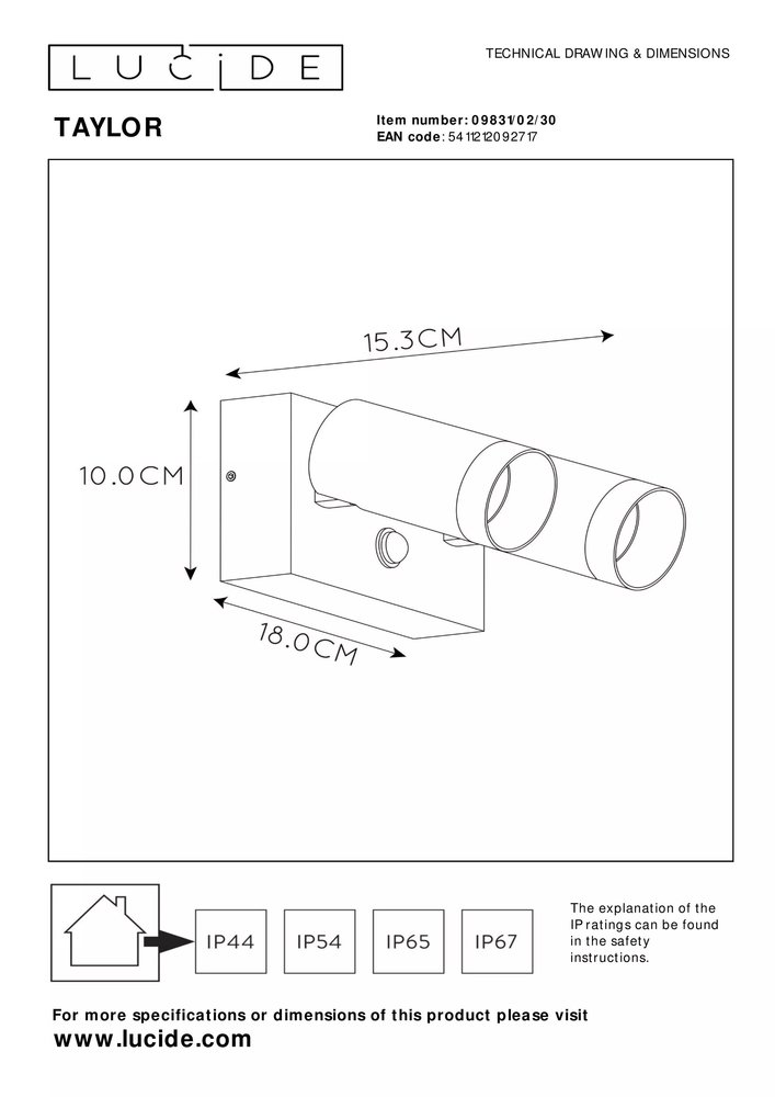Lucide Lucide TAYLOR - Wandspot Buiten - 2xGU10 - IP54 - Zwart Lucide Lucide TAYLOR - Wandspot Buiten - 2xGU10 - IP54 - Zwart