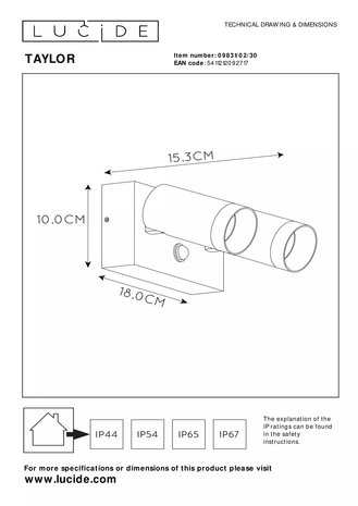 Lucide Lucide TAYLOR - Wandspot Buiten - 2xGU10 - IP54 - Zwart Lucide Lucide TAYLOR - Wandspot Buiten - 2xGU10 - IP54 - Zwart