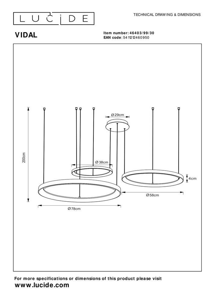 Lucide Lucide VIDAL - Hanglamp - Ø 78 cm - LED Dimb. - 1x120W 2700K - Zwart Lucide Lucide VIDAL - Hanglamp - Ø 78 cm - LED Dimb. - 1x120W 2700K - Zwart